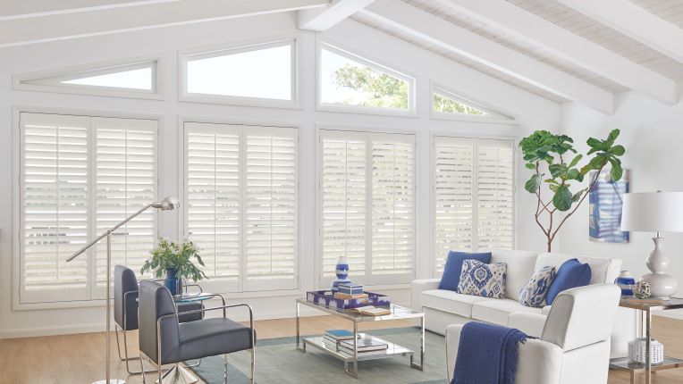 white wood blinds in a modern living room