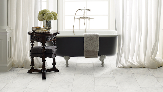 gorgeous white tile flooring in an elegant bathroom